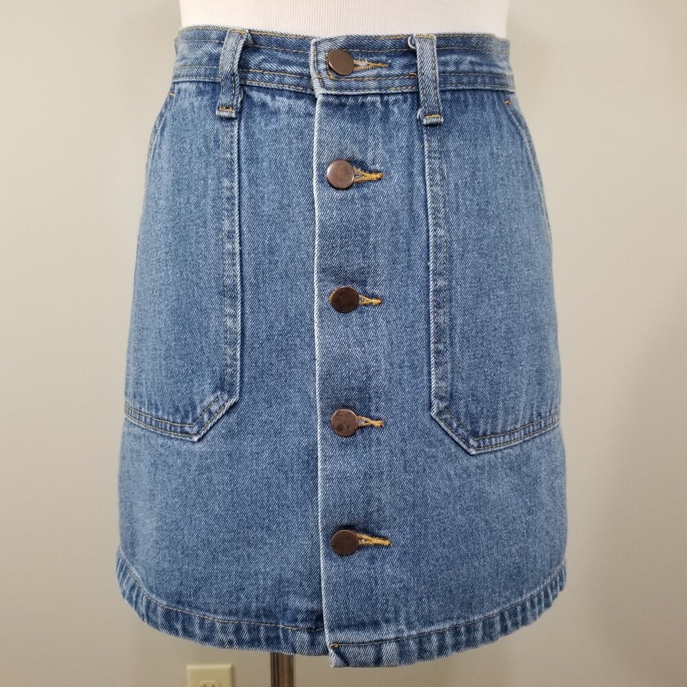 Vintage 90s MyStyle Denim Mini Skirt Button Front High Waist Utility Blue S